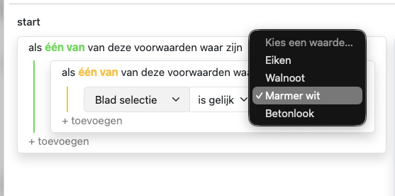Building a condition: feature, operator and option value
