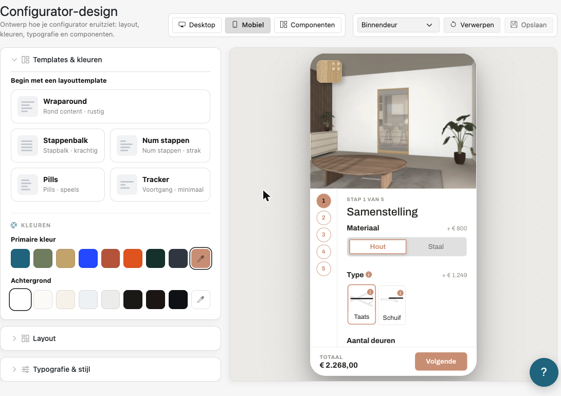 The UI editor: settings panel on the left, live preview on the right